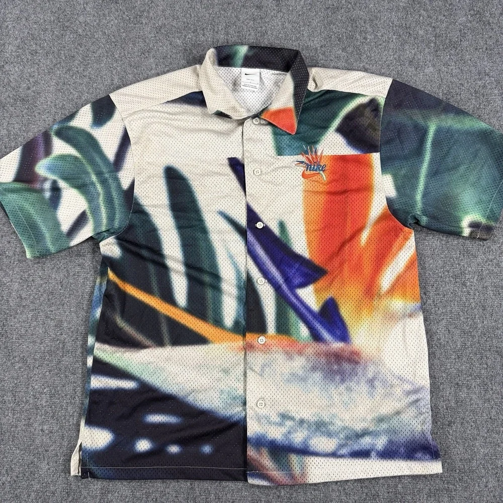 Nike Resort Shirt Mens Large Mesh Button Up Tropical Beach Embroidered